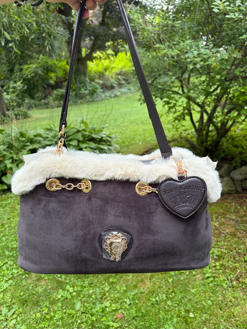 NWT: Y2K Dark Grey Faux-Suede Juicy Couture Shoulder Bag White Faux Fur Trim